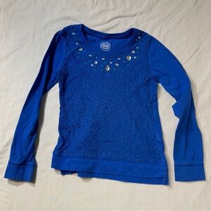 Blue Lace Gem Shirt Girls 10 Long Sleeve Tee Faux Jeweled Neckline Feminine Cute